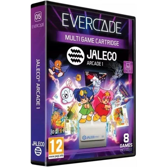 A physical Evercade cartridge and its retail box showing the Jaleco Arcade 1 logo alongside retro gameplay artwork