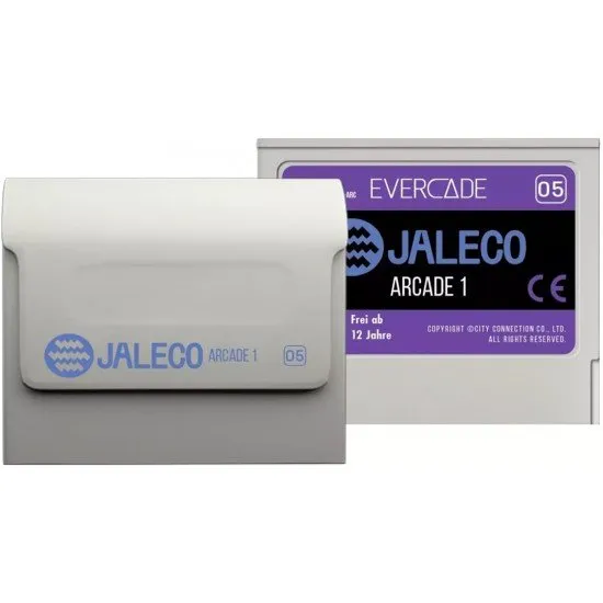 A physical Evercade cartridge and its retail box showing the Jaleco Arcade 1 logo alongside retro gameplay artwork