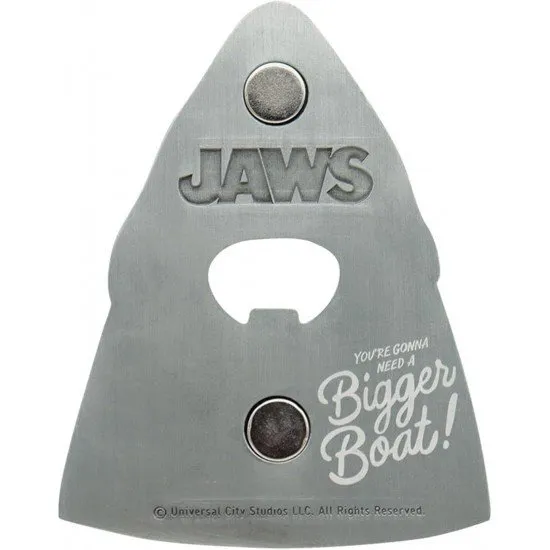 Metal bottle opener shaped like the Great White Shark from Jaws with a magnetic back