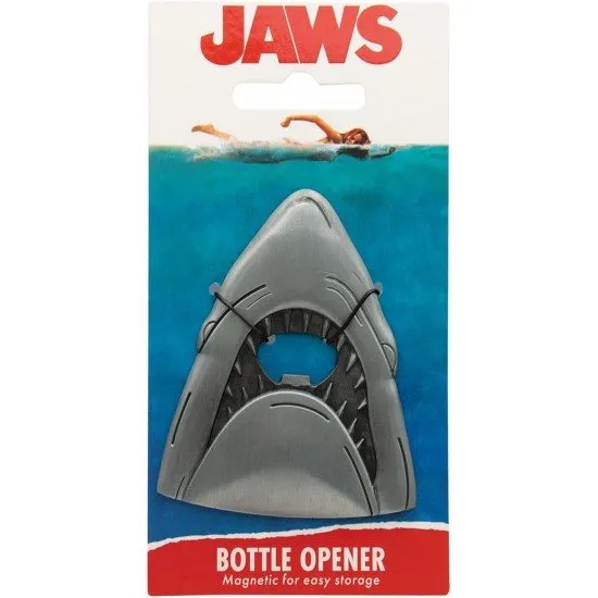 Metal bottle opener shaped like the Great White Shark from Jaws with a magnetic back