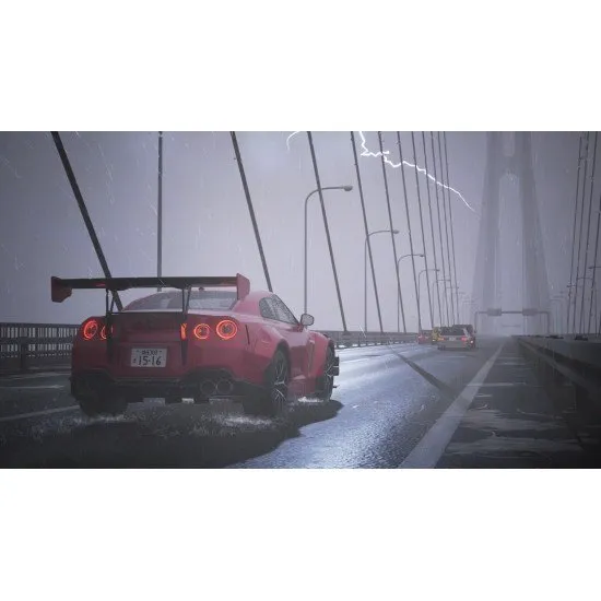 A PlayStation 5 game case showing a highly modified Japanese sports car drifting sideways around a sharp mountain hairpin bend surrounded by pink cherry blossom trees