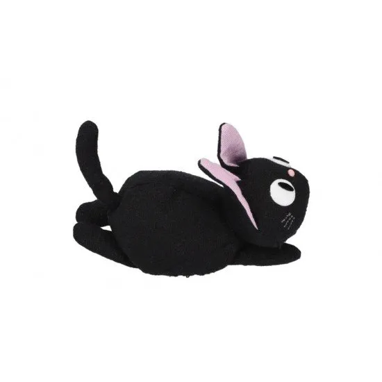 Jiji the black cat beanbag plush sitting upright with a red ribbon and Japanese style fabric texture