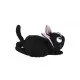 Jiji the black cat beanbag plush sitting upright with a red ribbon and Japanese style fabric texture