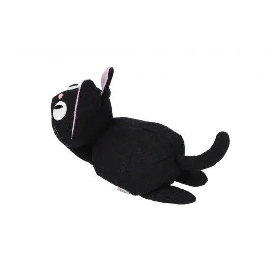 Jiji the black cat beanbag plush sitting upright with a red ribbon and Japanese style fabric texture
