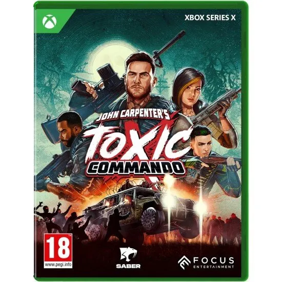 John Carpenter's Toxic Commando game cover featuring the squad of commandos fighting undead monsters in a vibrant 80s horror aesthetic