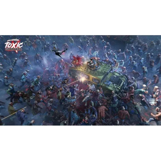 John Carpenter's Toxic Commando game cover featuring the squad of commandos fighting undead monsters in a vibrant 80s horror aesthetic