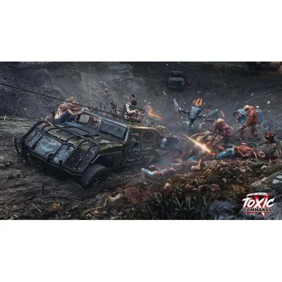 John Carpenter's Toxic Commando game cover featuring the squad of commandos fighting undead monsters in a vibrant 80s horror aesthetic