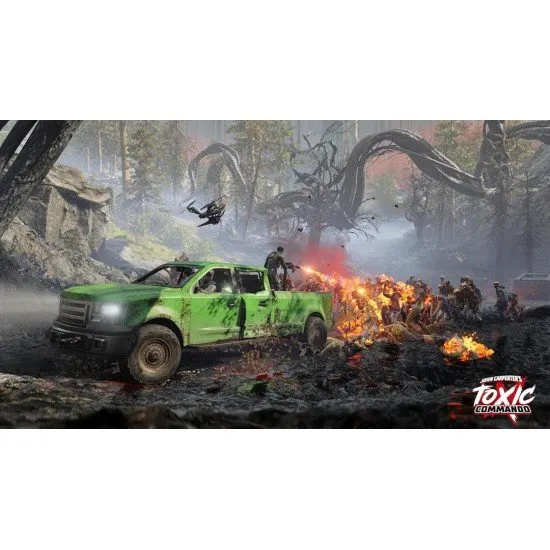 John Carpenter's Toxic Commando game cover featuring the squad of commandos fighting undead monsters in a vibrant 80s horror aesthetic