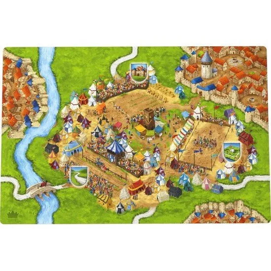 Carcassonne Jousts & Crests Expansion box showing tournament grounds, prizes, and champions