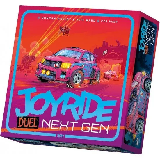 Joyride Duel Next Gen board game box featuring high-speed racing cars and aggressive robots