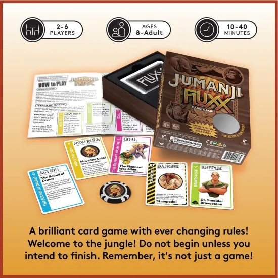 Jumanji Fluxx card game box featuring Jumanji jungle adventure artwork and Fluxx branding