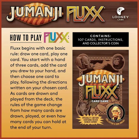 Jumanji Fluxx card game box featuring Jumanji jungle adventure artwork and Fluxx branding
