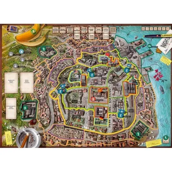 A colourful board showing a tropical island capital with military units and piles of play money