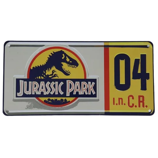 Metal replica number plate from Jurassic Park featuring the classic red and yellow branding