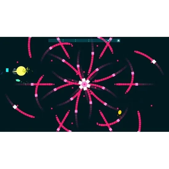 A Nintendo Switch game case featuring vibrant pink and blue geometric shapes against a black background