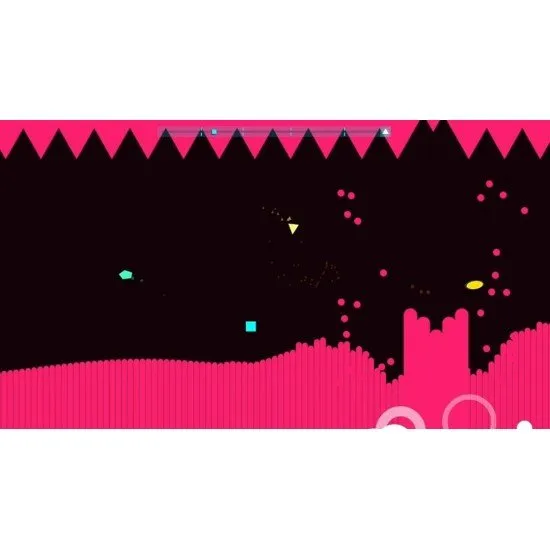 A Nintendo Switch game case featuring vibrant pink and blue geometric shapes against a black background