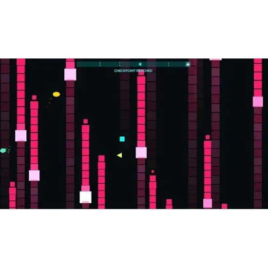 A Nintendo Switch game case featuring vibrant pink and blue geometric shapes against a black background