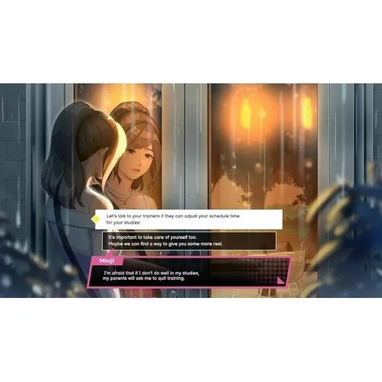 A group of vibrant, hand-drawn anime-style idols performing on a bright stage with concert lights