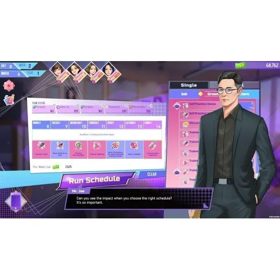 A group of vibrant, hand-drawn anime-style idols performing on a bright stage with concert lights