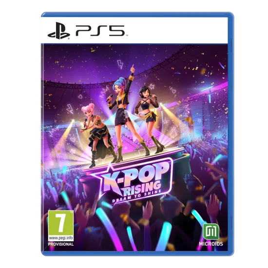 A PlayStation 5 game case depicting three stylish pop idols performing a synchronised dance routine under bright purple stadium lights
