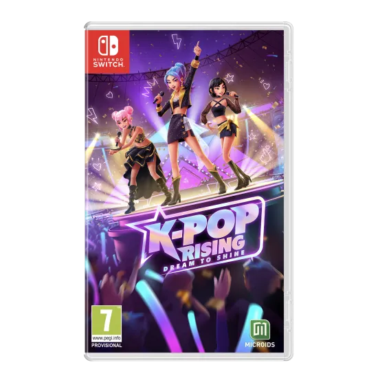 A Nintendo Switch game case showing a cheerful character applying make-up in a dressing room before heading out onto a crowded concert stage