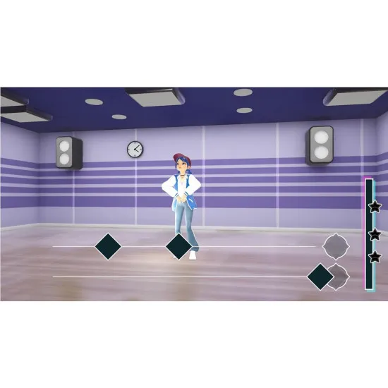 A Nintendo Switch game case showing a cheerful character applying make-up in a dressing room before heading out onto a crowded concert stage