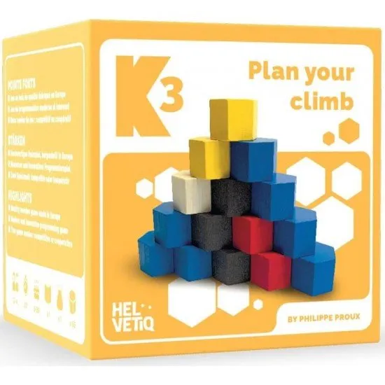 K3 game featuring colourful hexagonal wooden blocks being stacked into a mountain shape
