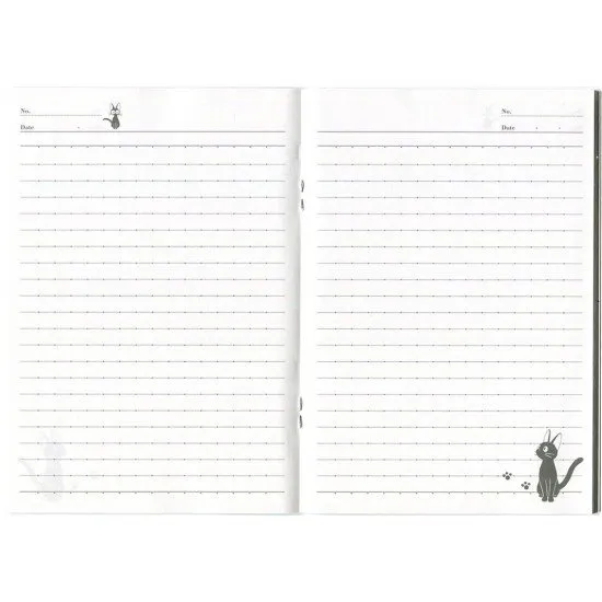 A B6 sized notebook with a cover featuring Jiji the black cat and motifs from Kiki's Delivery Service