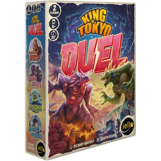 A colourful board game box showing two massive cartoon monsters clashing amidst smoking skyscrapers and neon lights in the heart of Tokyo