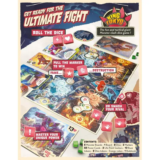 A colourful board game box showing two massive cartoon monsters clashing amidst smoking skyscrapers and neon lights in the heart of Tokyo