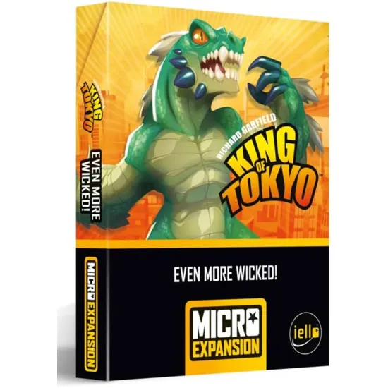 A board game expansion pack showing a dark neon wickedness tracker board surrounded by various cartoon monster tokens