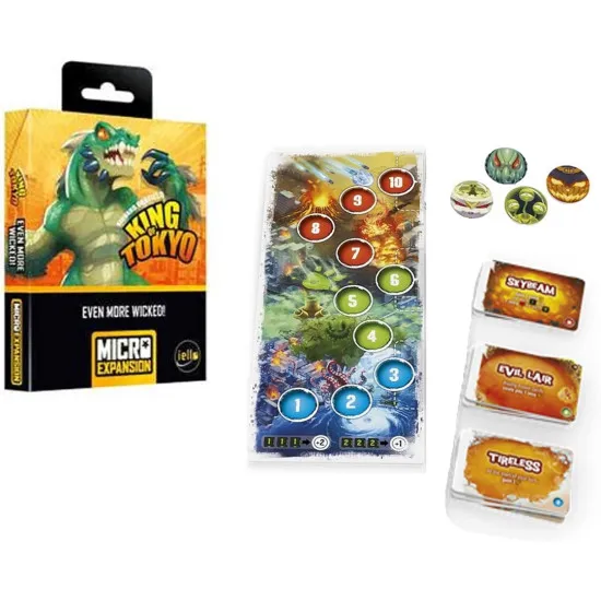 A board game expansion pack showing a dark neon wickedness tracker board surrounded by various cartoon monster tokens