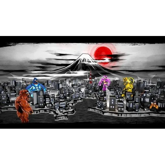 A giant robotic lizard and a massive ape battling in the middle of a neon-lit Tokyo city