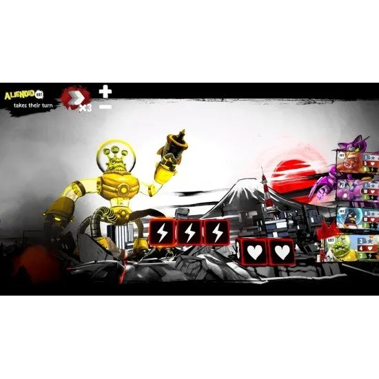 A giant robotic lizard and a massive ape battling in the middle of a neon-lit Tokyo city