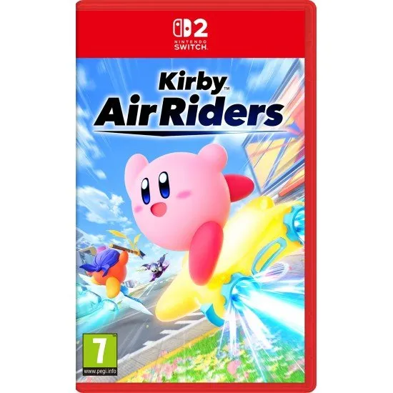 The box art for the game Kirby Air Riders on the Nintendo Switch 2, showing Kirby and other characters riding their vehicles through a futuristic city.