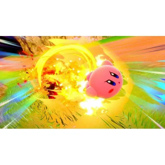 The box art for the game Kirby Air Riders on the Nintendo Switch 2, showing Kirby and other characters riding their vehicles through a futuristic city.