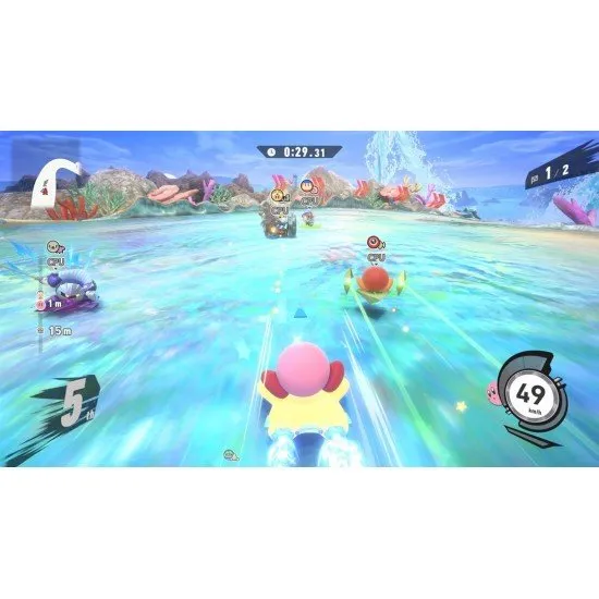The box art for the game Kirby Air Riders on the Nintendo Switch 2, showing Kirby and other characters riding their vehicles through a futuristic city.