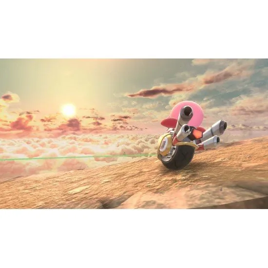 The box art for the game Kirby Air Riders on the Nintendo Switch 2, showing Kirby and other characters riding their vehicles through a futuristic city.