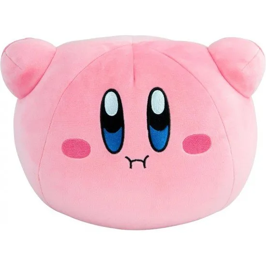 An official 15-inch Kirby Mocchi Mocchi plush toy, shown in a unique hovering pose, with a squishy texture.