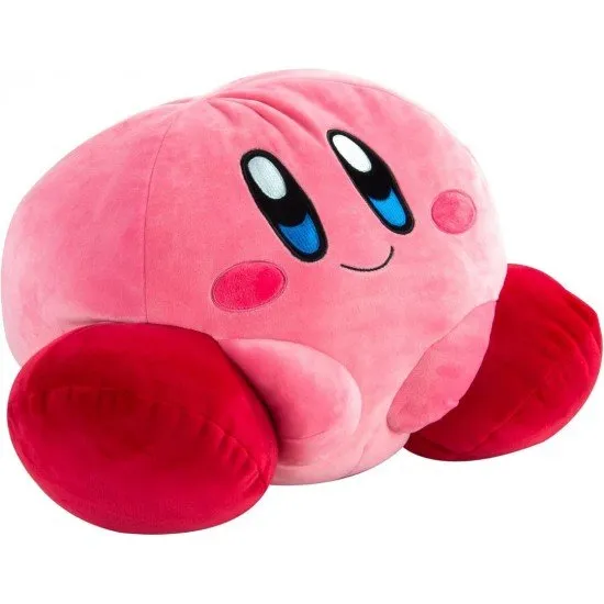 An official 35cm Kirby plush toy from Tomy, with a soft, rounded shape and a pink body.