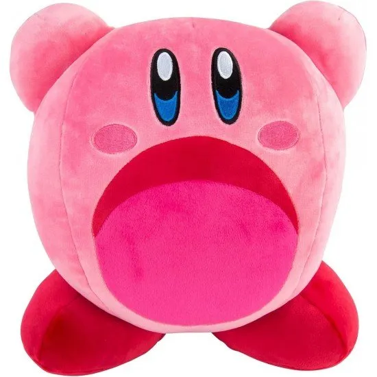 Large Kirby Mocchi Mocchi plush toy in his famous inhaling pose with a soft pink finish