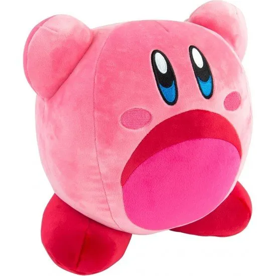 Large Kirby Mocchi Mocchi plush toy in his famous inhaling pose with a soft pink finish
