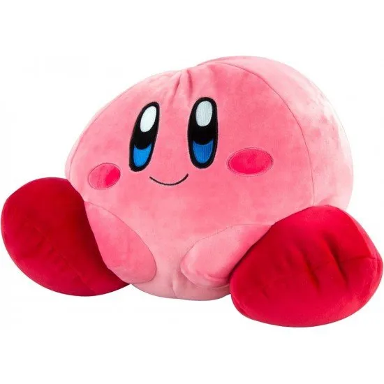 An official 35cm Kirby plush toy from Tomy, with a soft, rounded shape and a pink body.