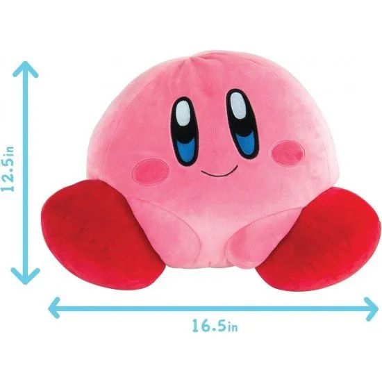 An official 35cm Kirby plush toy from Tomy, with a soft, rounded shape and a pink body.