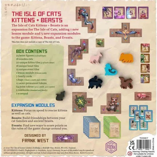 The Isle of Cats: Kittens + Beasts expansion box cover showing small kittens, large beasts, and cats on a small boat
