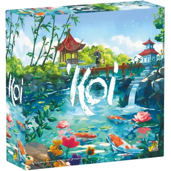 Koi board game box featuring Japanese koi pond garden artwork with multicoloured carp bridges and lanterns