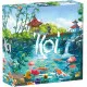 Koi board game box featuring Japanese koi pond garden artwork with multicoloured carp bridges and lanterns