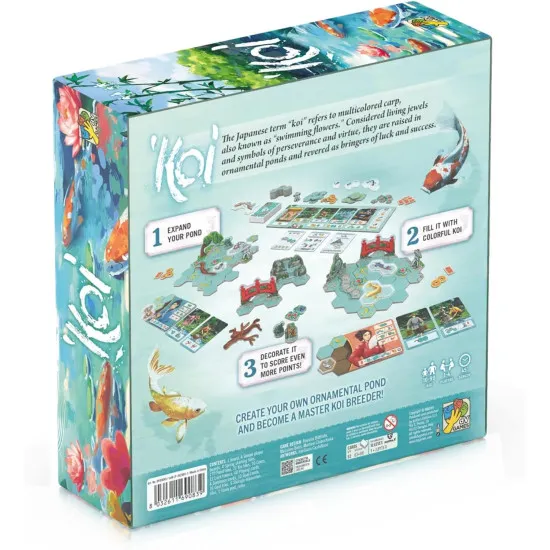 Koi board game box featuring Japanese koi pond garden artwork with multicoloured carp bridges and lanterns
