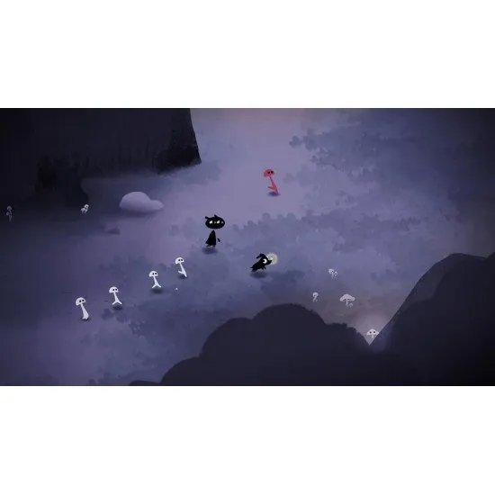 Hand-drawn art of a character and a puppy walking through a vibrant, musical forest