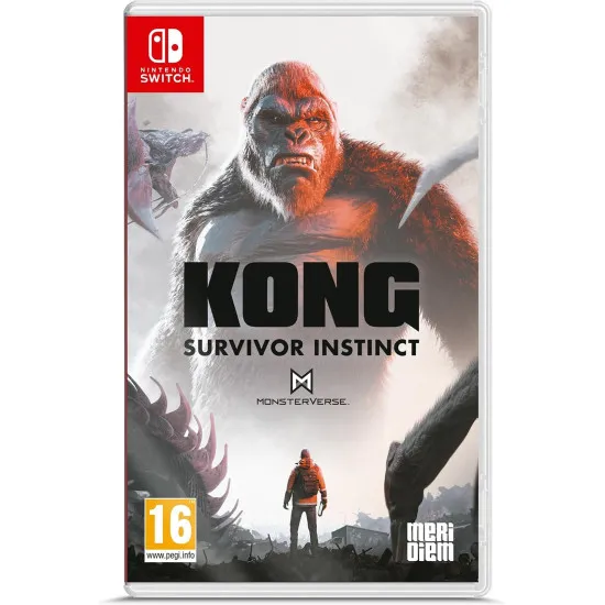 A Nintendo Switch game case showing a giant silhouette of Kong roaring amidst burning city skyscrapers while a lone man searches through the ruins below